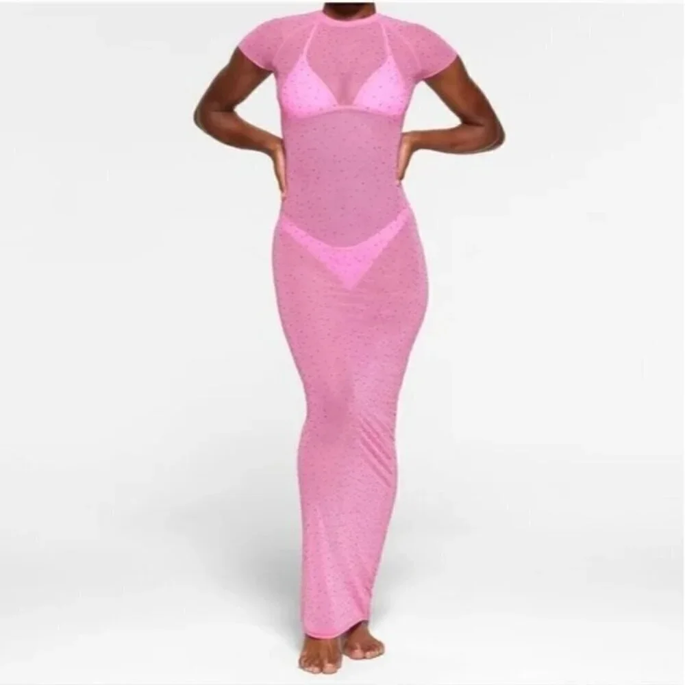 NWT SKims Taffy Pink Mesh rhinestone swim cover up maxi dress size 4X